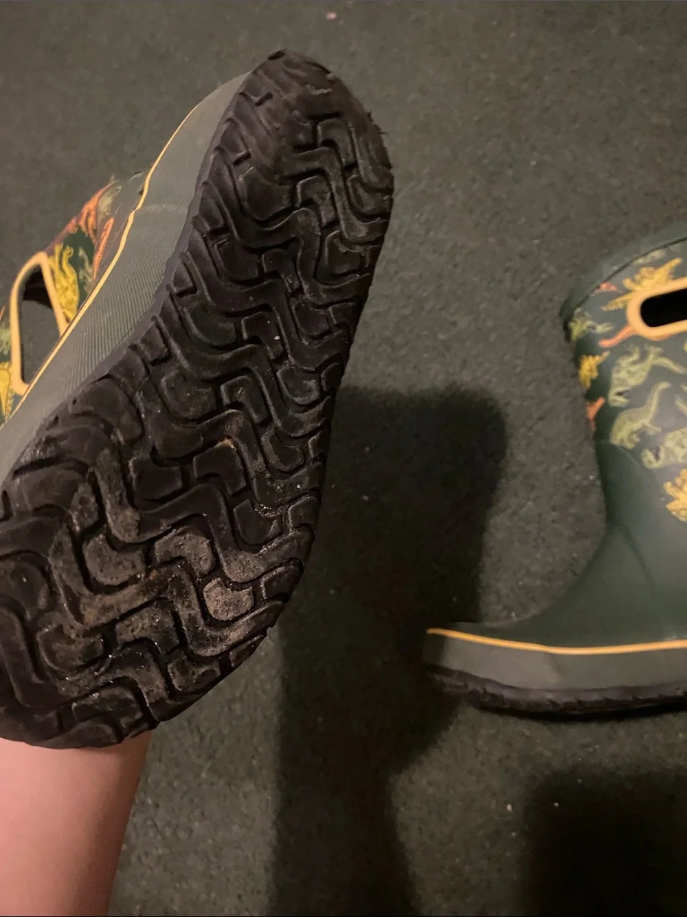 Bogs Dark Green Kids Rain Boots with Yellow Dino Accents